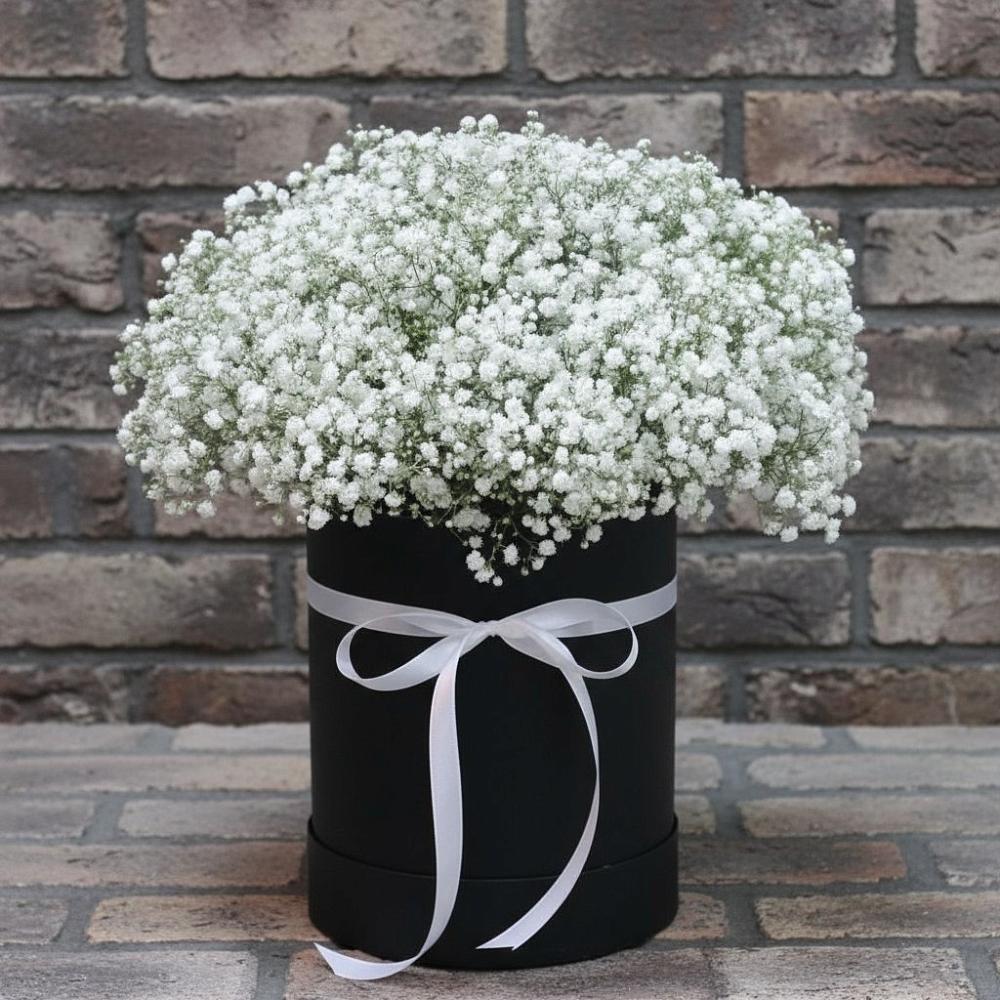 Цветочная композиция из Гипсофила в шляпной коробке в Талицы Пушкинского района