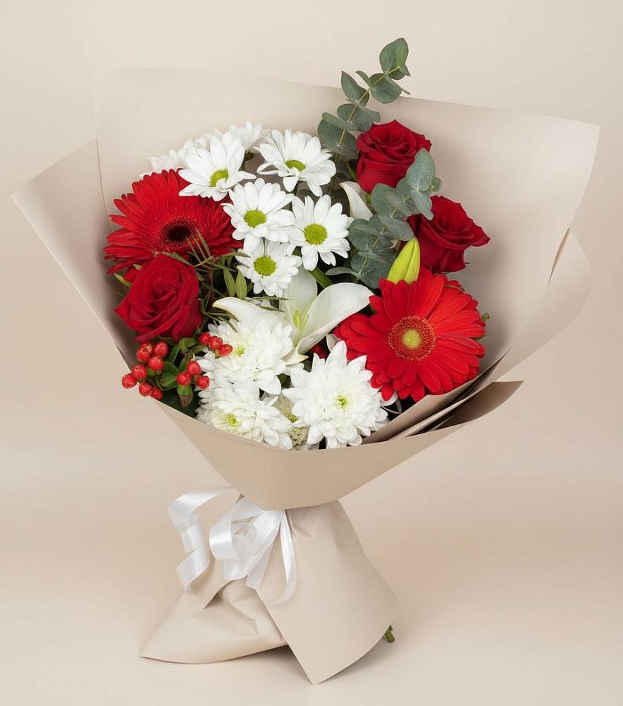 Букет цветов из: Розы, Хризантемы, Герберы и Лилии в Талицы Пушкинского района