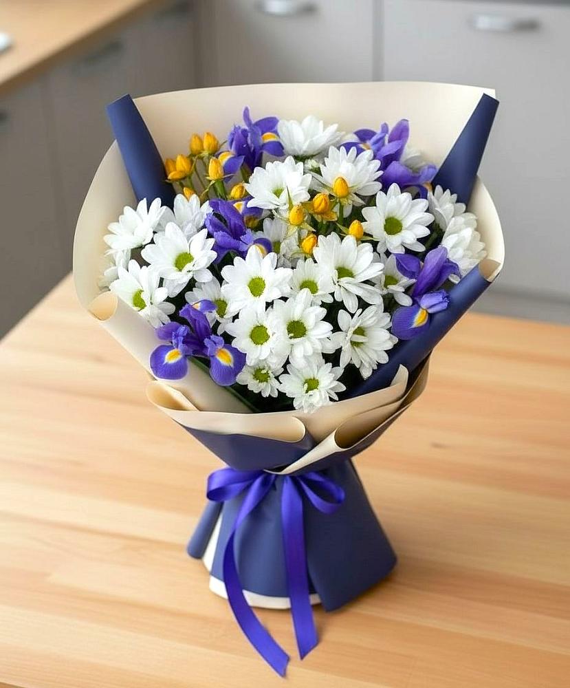 Букет цветов из: Розы, Ирисы и Хризантемы в Талицы Пушкинского района