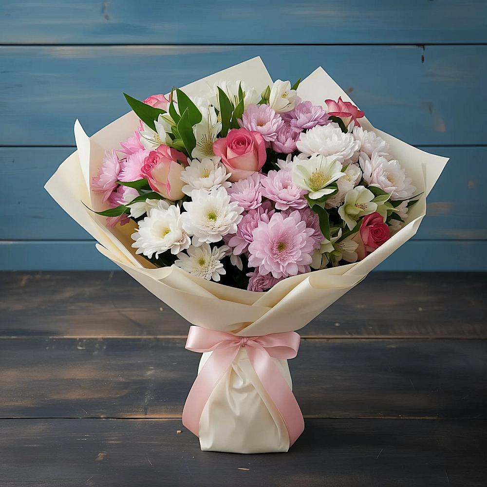 Букет цветов из: Хризантемы, Альстромерии и Розы в Талицы Пушкинского района